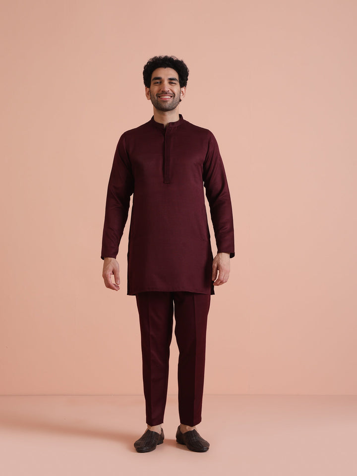 Wine Poly Silk Solid Mid Kurta For Men | SHOBITAM