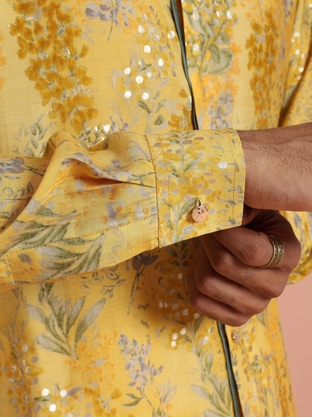 Yellow Floral Sequinned Mid Kurta | SHOBITAM
