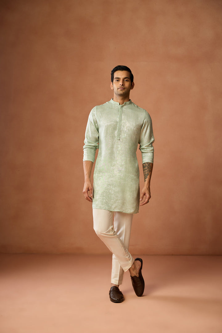 Mint Green Silk Blend Solid Mid Kurta For Men | SHOBITAM