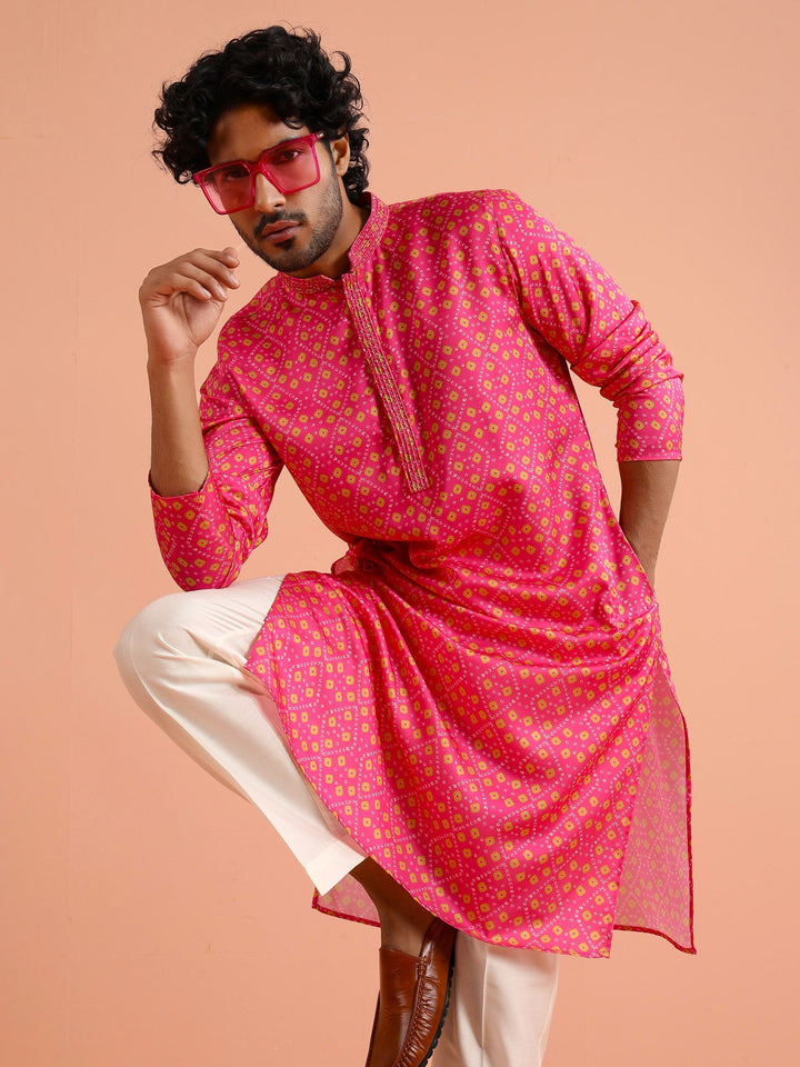 Hot Pink Silk Printed Kurta | SHOBITAM
