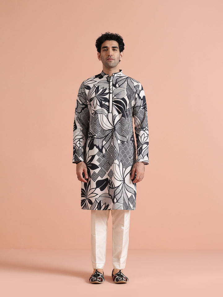 Black & White Printed Long Kurta | SHOBITAM