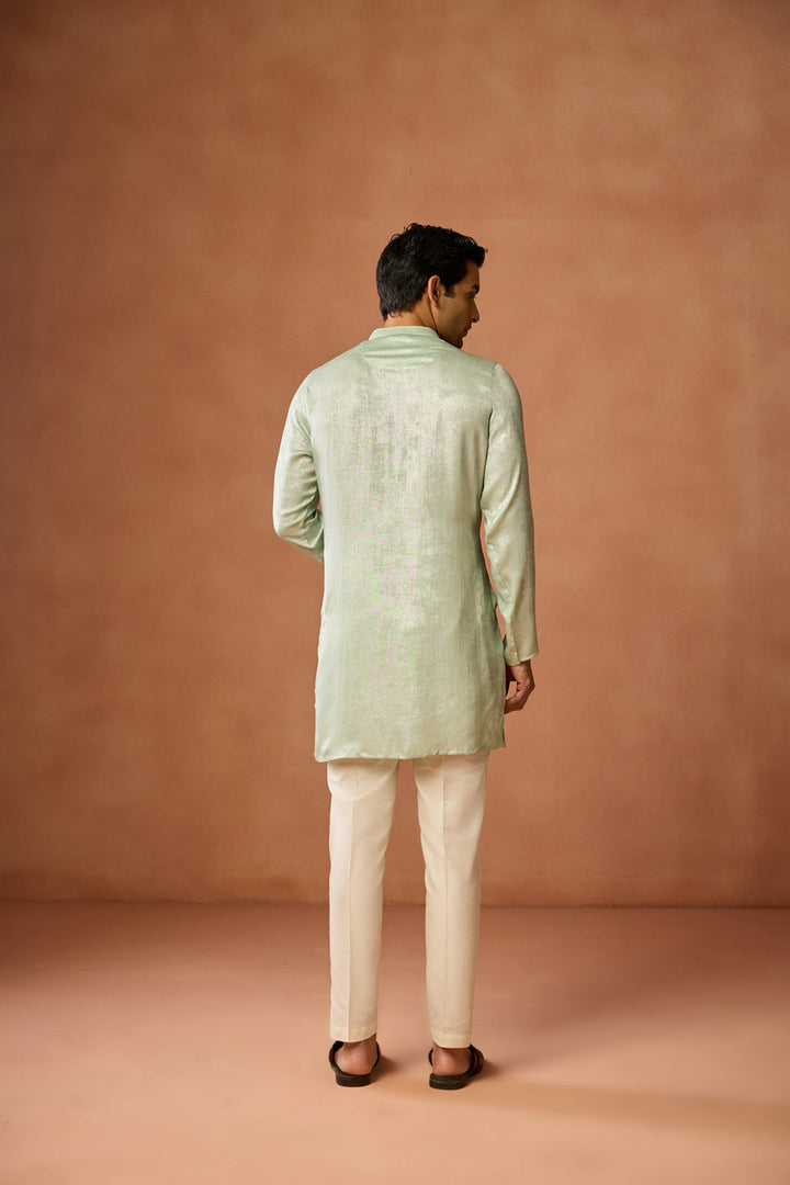 Mint Green Silk Blend Solid Mid Kurta For Men | SHOBITAM