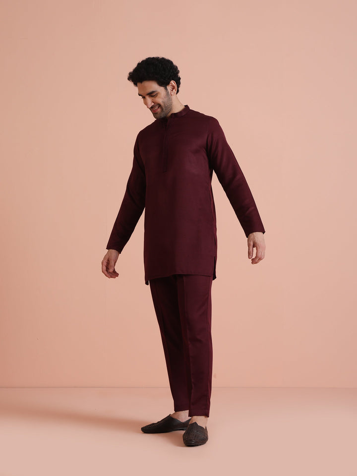 Wine Poly Silk Solid Mid Kurta For Men | SHOBITAM