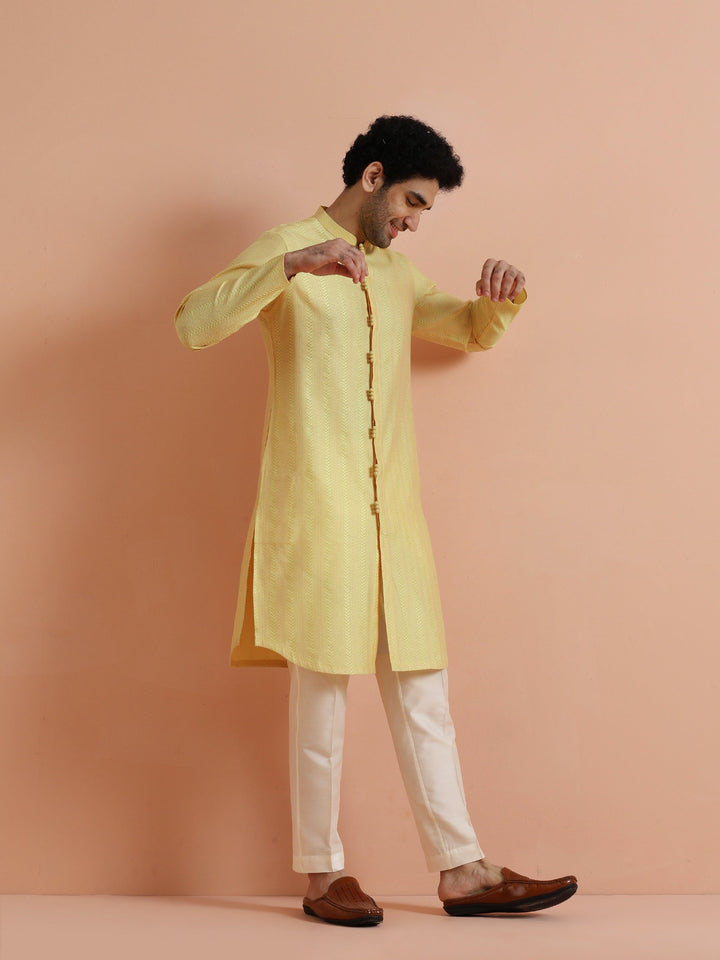 Yellow Jacquard Woven Kurta For Men | SHOBITAM