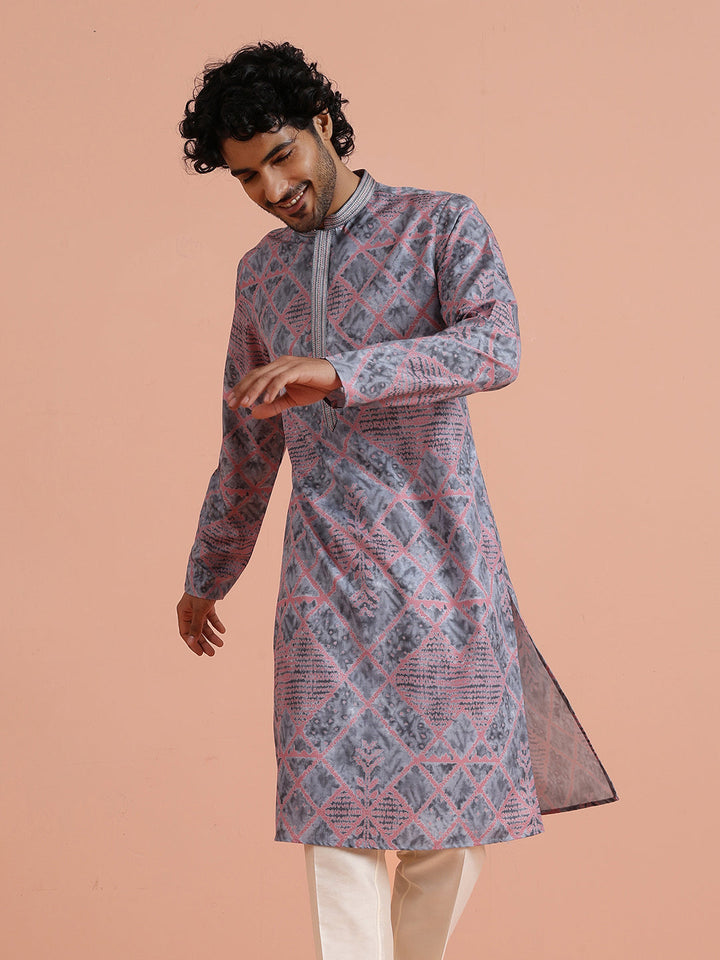 Grey & Pink Geometric Printed Kurta | SHOBITAM