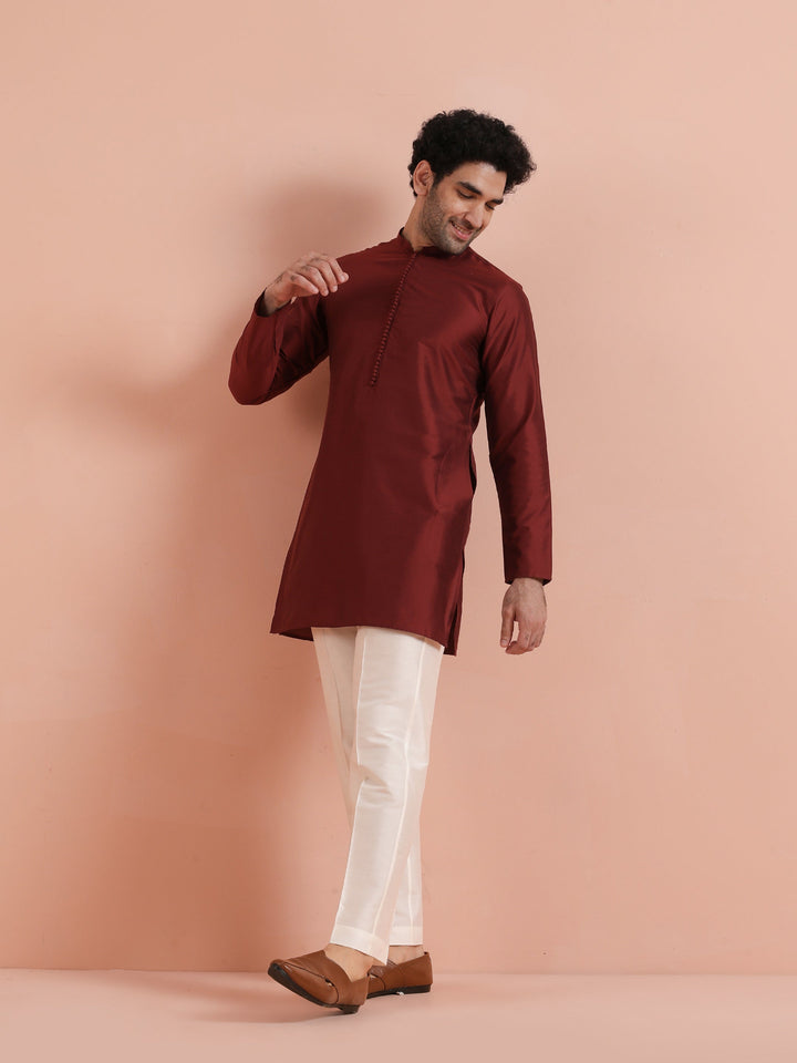 Solid Maroon Mid Kurta For Men | SHOBITAM