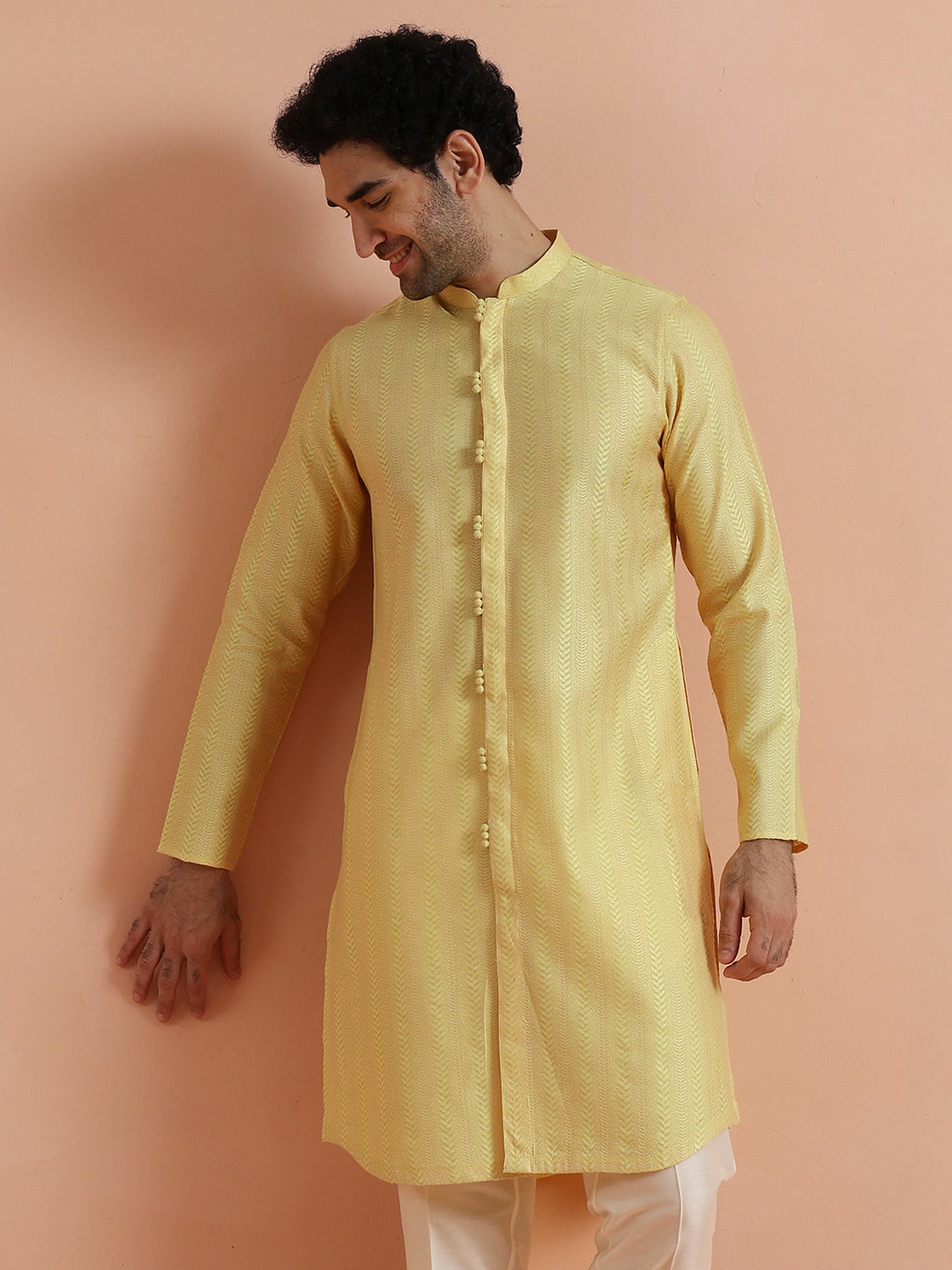 Yellow Jacquard Woven Kurta For Men | SHOBITAM