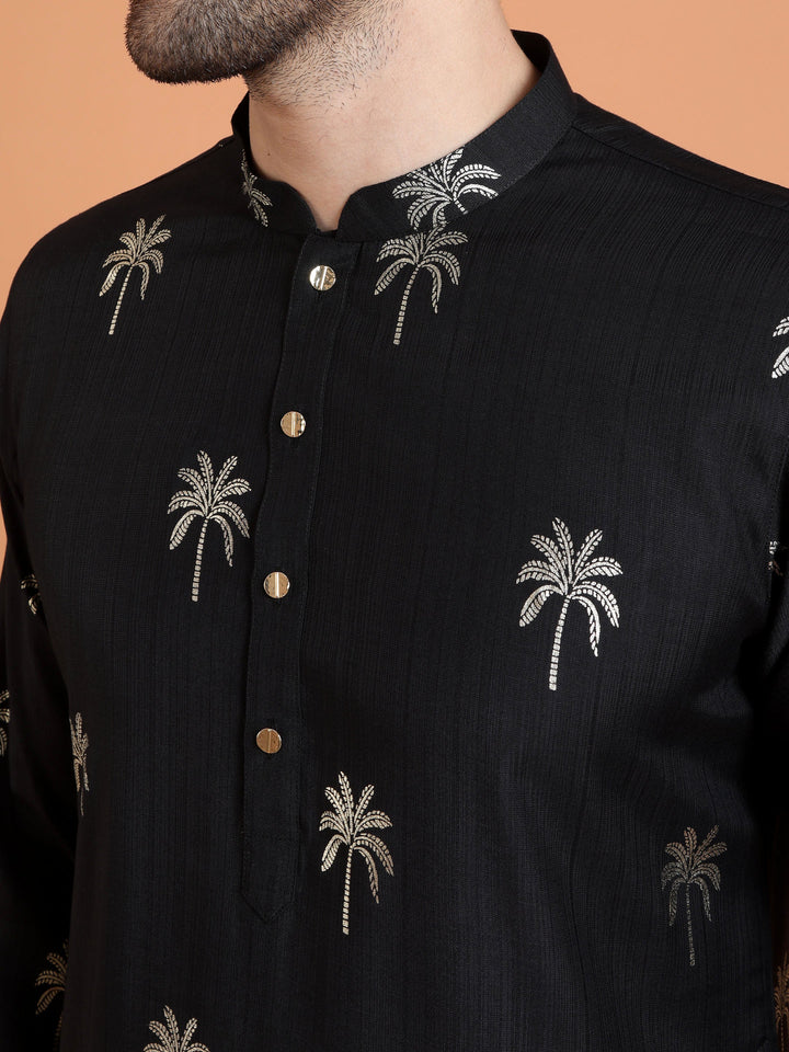 Black Cotton Silk Printed Kurta For Men | SHOBITAM