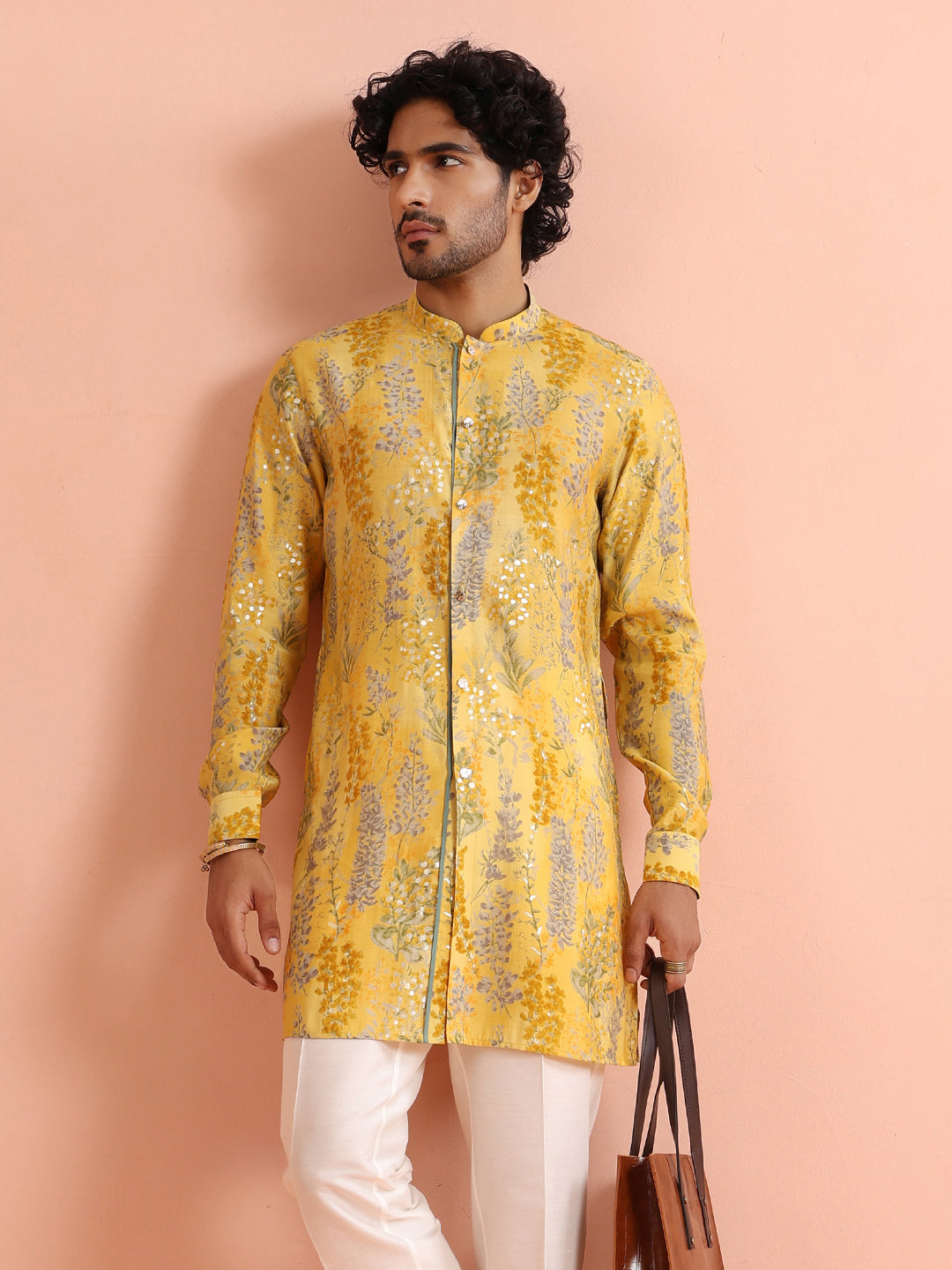 Yellow Floral Sequinned Mid Kurta | SHOBITAM