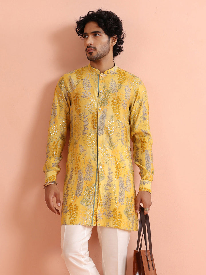 Yellow Floral Sequinned Mid Kurta | SHOBITAM