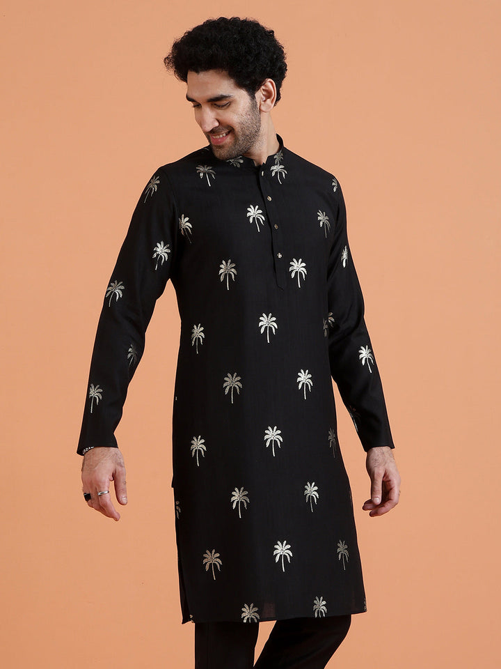 Black Cotton Silk Printed Kurta For Men | SHOBITAM