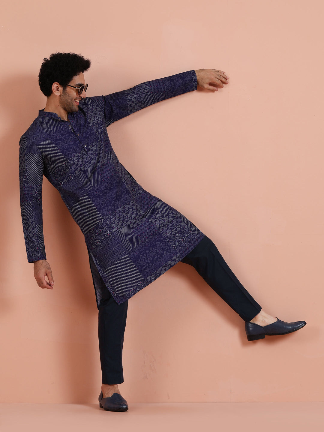 Navy Blue Art Silk Printed Long Kurta | SHOBITAM