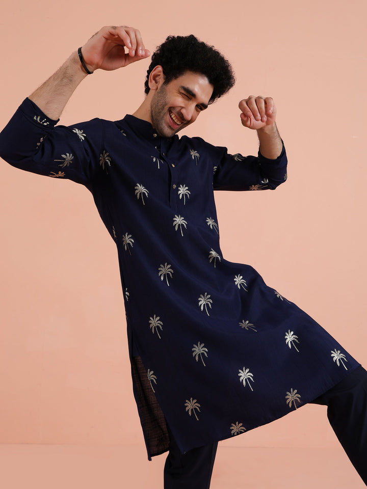 Navy Kurta with Palm Embroidery | SHOBITAM