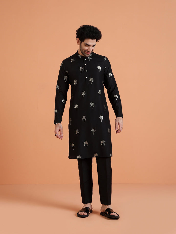 Black Cotton Silk Printed Kurta For Men | SHOBITAM