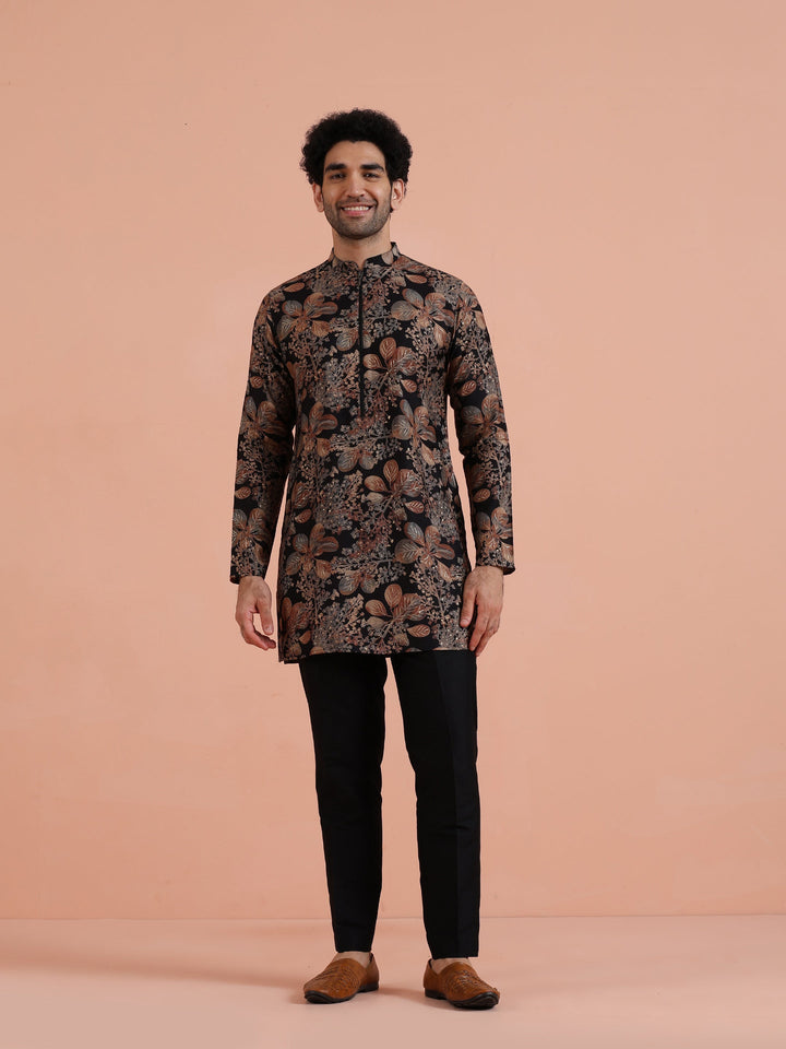 Black Kurta with Golden Floral Print For Men | SHOBITAM