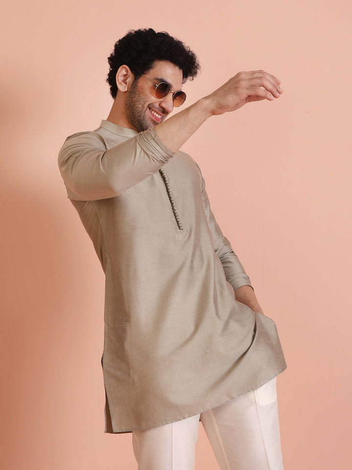 Grey Poly Silk Embellished Kurta Trouser Set | SHOBITAM