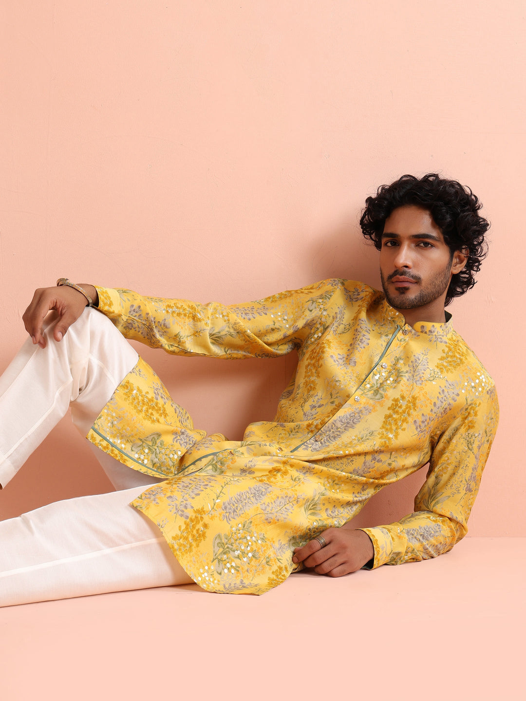 Yellow Floral Sequinned Mid Kurta | SHOBITAM