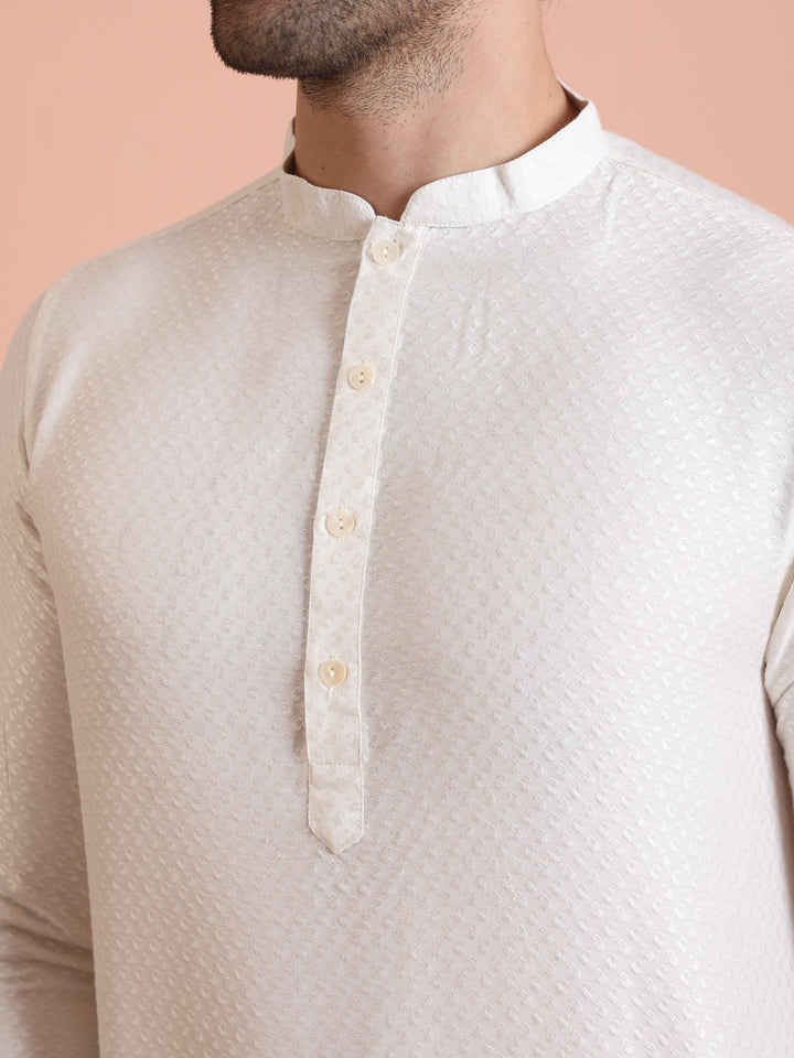 Cream Jacquard Silk Blend Kurta Trouser Set | SHOBITAM