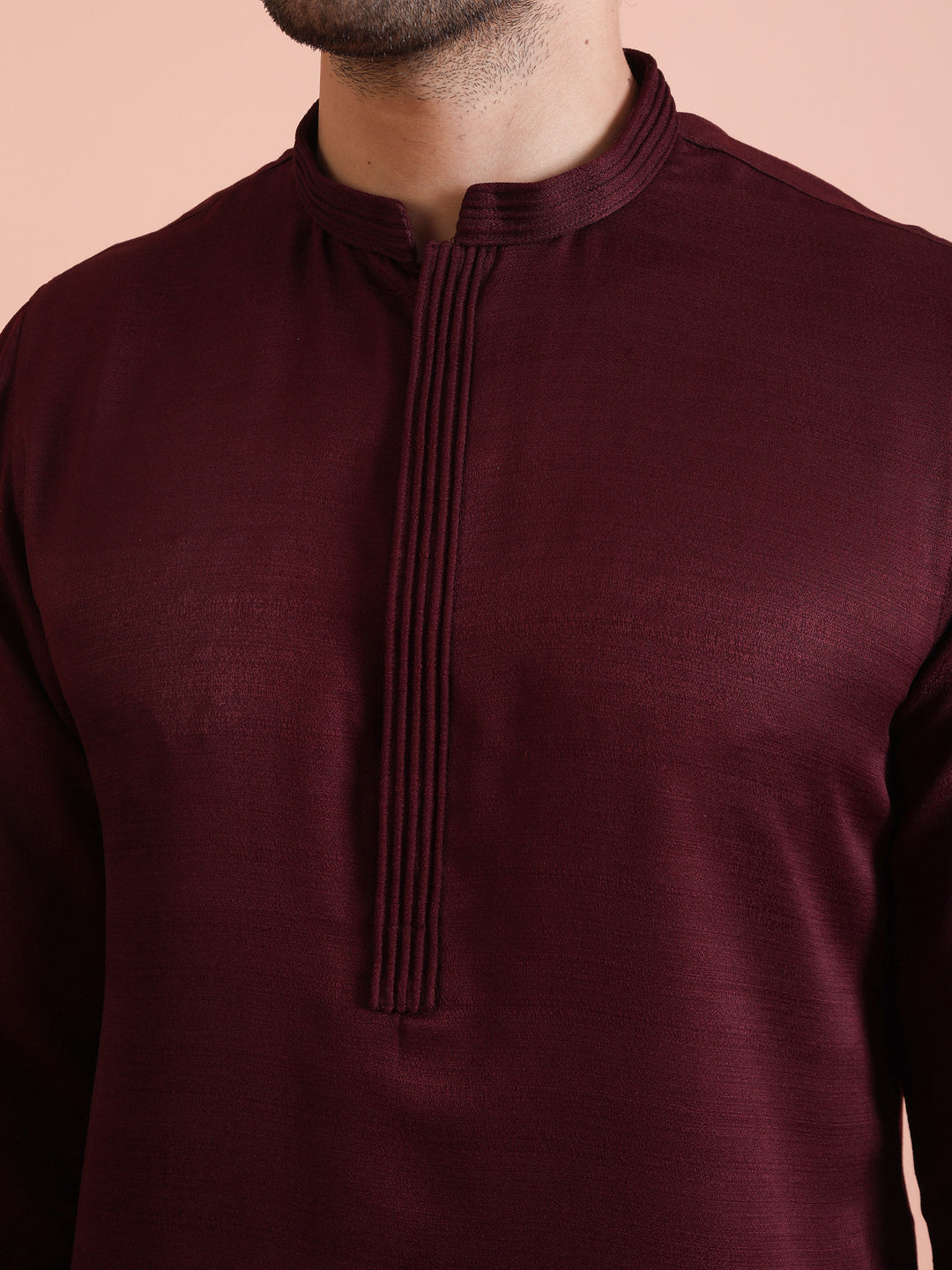 Wine Poly Silk Solid Mid Kurta For Men | SHOBITAM