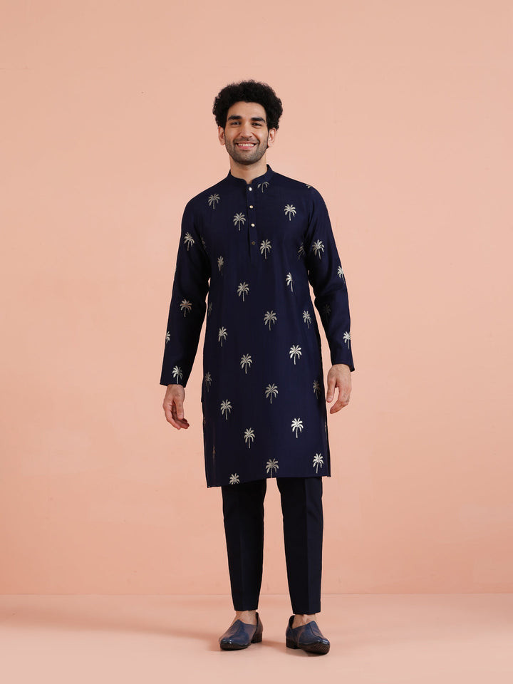 Navy Kurta with Palm Embroidery | SHOBITAM