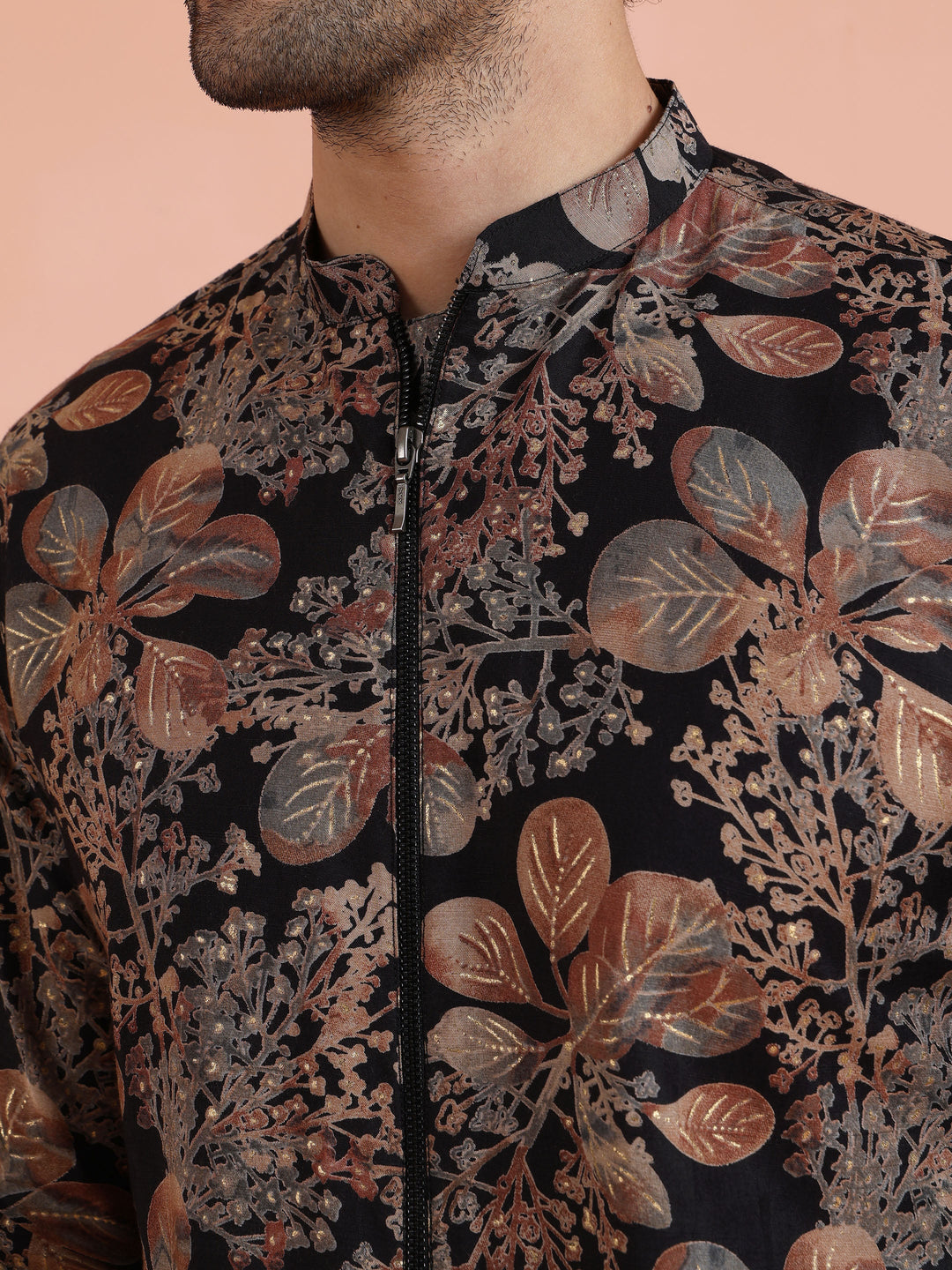 Black Kurta with Golden Floral Print For Men | SHOBITAM