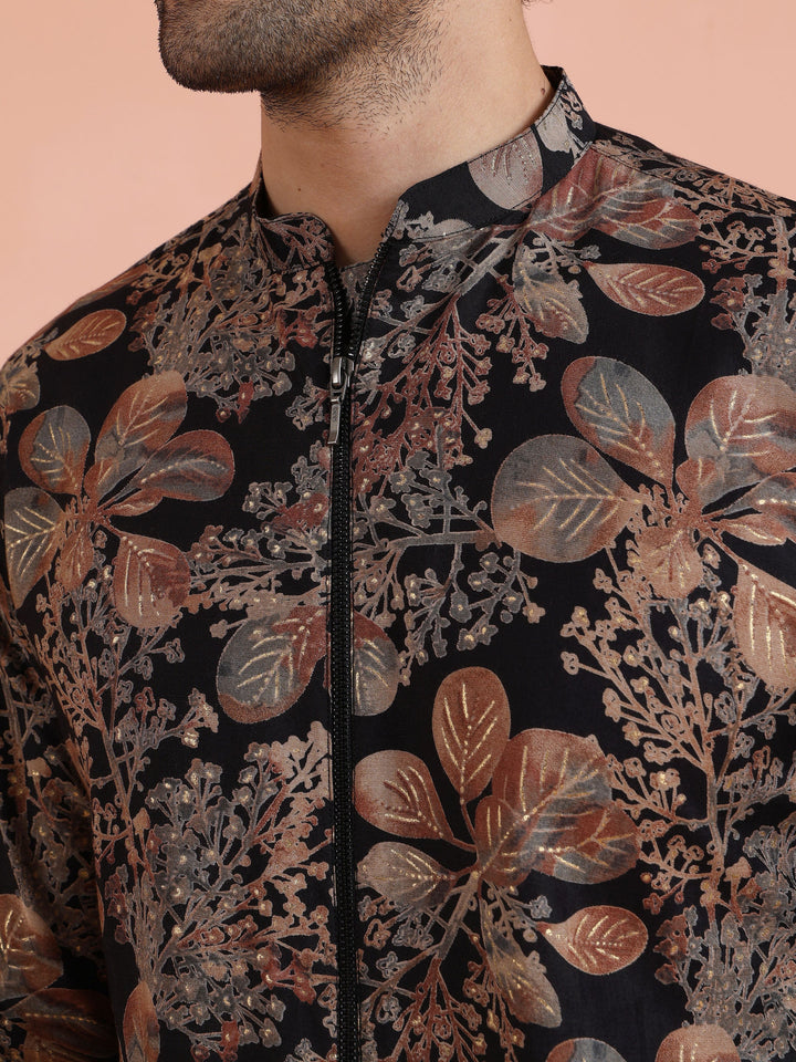 Black Kurta with Golden Floral Print For Men | SHOBITAM