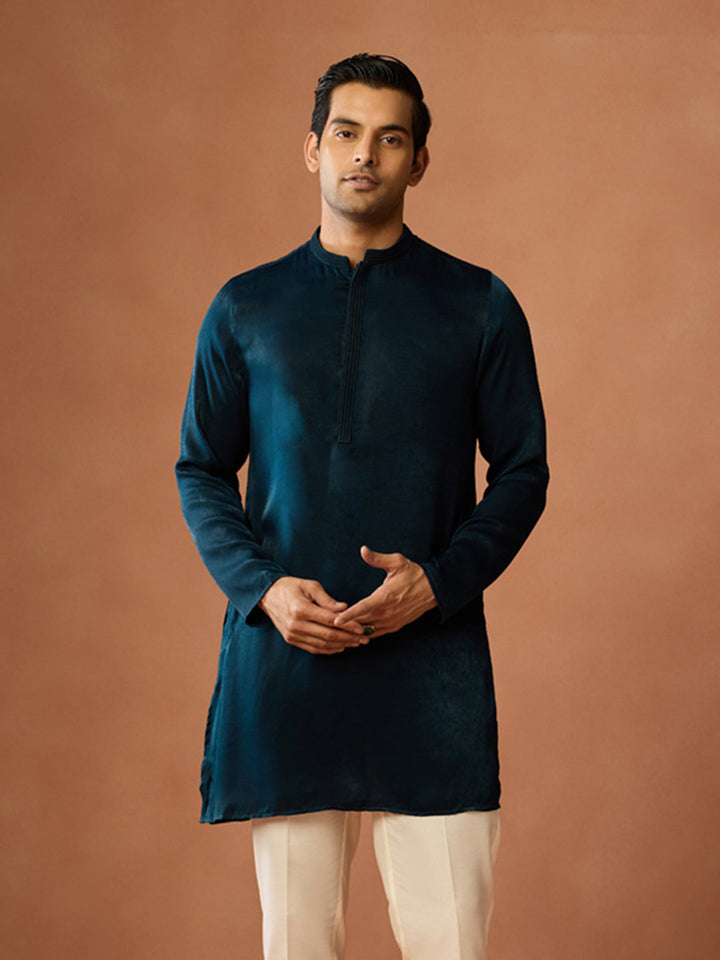 Navy Blue Silk Blend Velvet Mid Kurta For Men | SHOBITAM