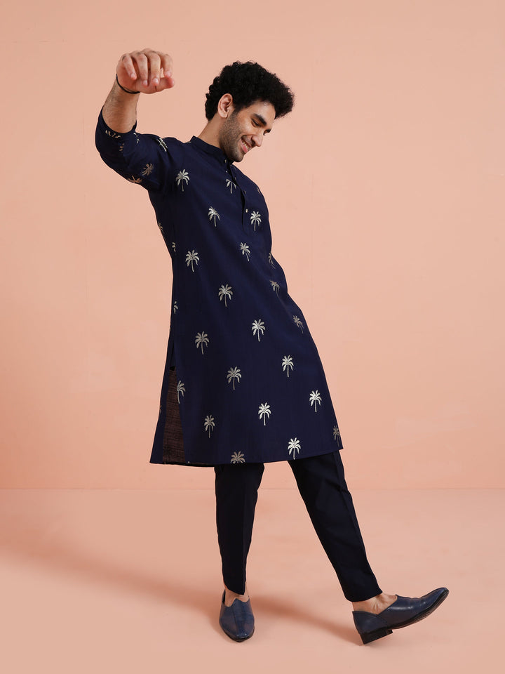 Navy Kurta with Palm Embroidery | SHOBITAM