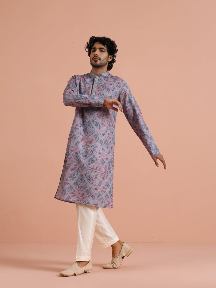 Grey & Pink Geometric Printed Kurta | SHOBITAM
