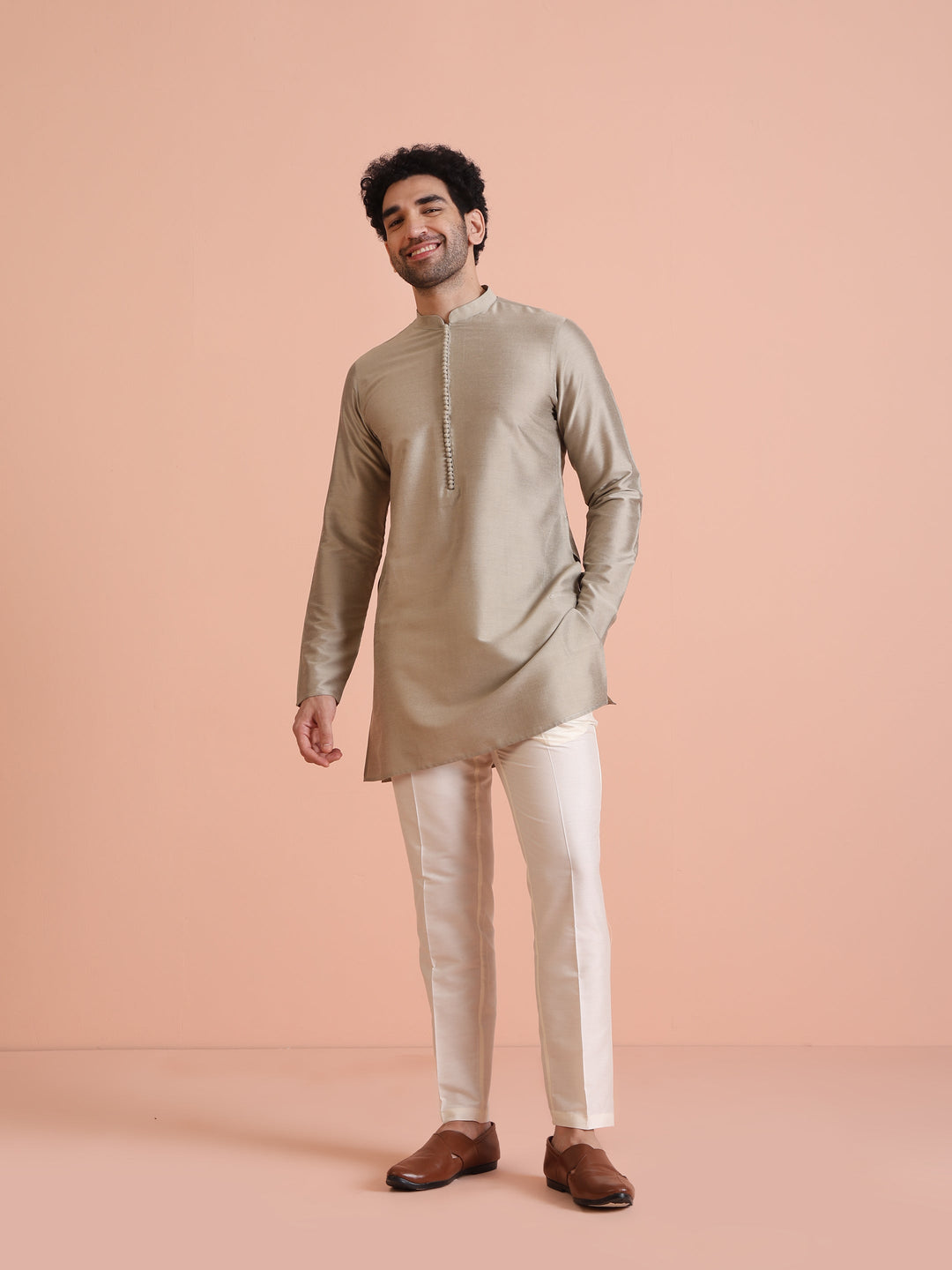 Grey Poly Silk Embellished Kurta Trouser Set | SHOBITAM