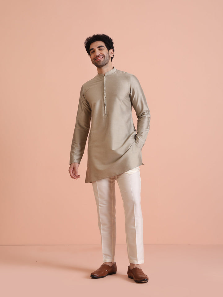 Grey Poly Silk Embellished Kurta Trouser Set | SHOBITAM
