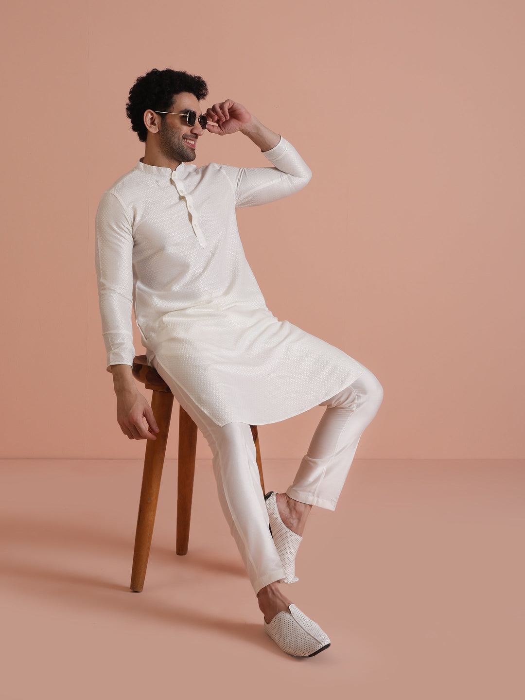 Cream Jacquard Silk Blend Kurta Trouser Set | SHOBITAM