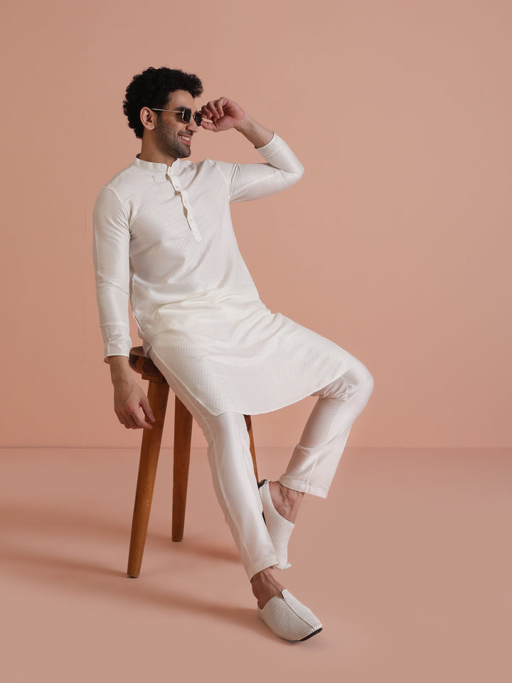 Cream Jacquard Silk Blend Kurta Trouser Set | SHOBITAM