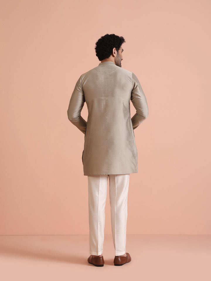 Grey Poly Silk Embellished Kurta Trouser Set | SHOBITAM