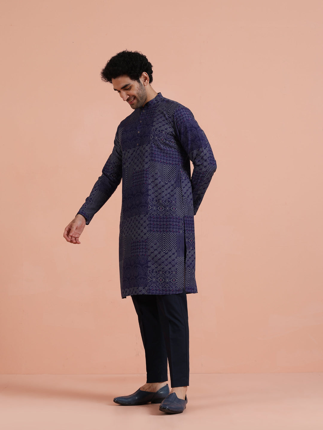 Navy Blue Art Silk Printed Long Kurta | SHOBITAM