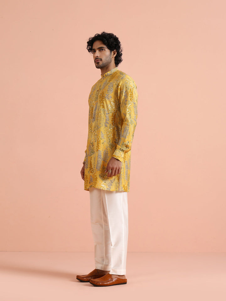 Yellow Floral Sequinned Mid Kurta | SHOBITAM