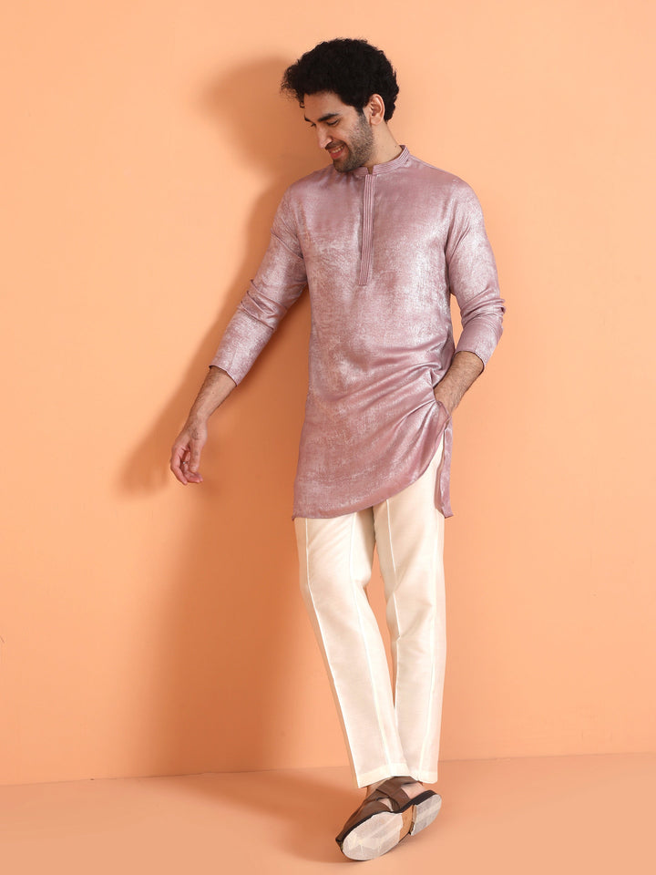 Pink Metallic Textured Cotton Silk Kurta For Men | SHOBITAM