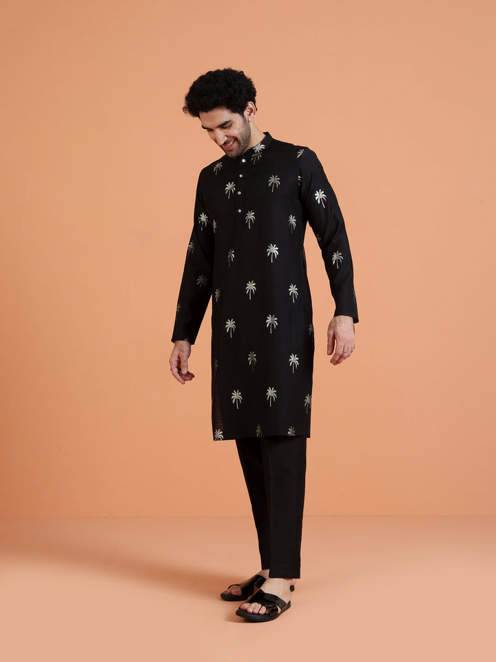 Black Cotton Silk Printed Kurta For Men | SHOBITAM