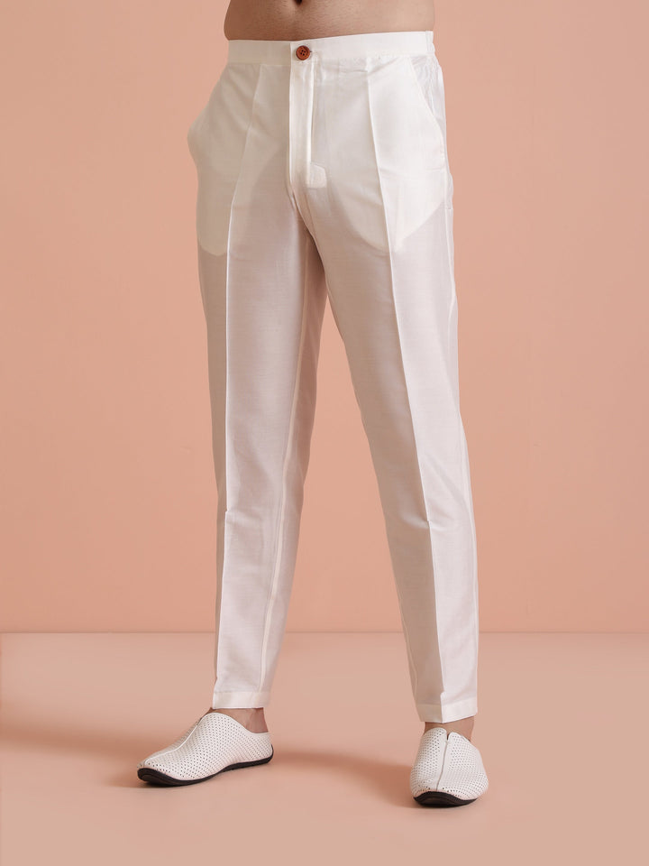 Cream Jacquard Silk Blend Kurta Trouser Set | SHOBITAM
