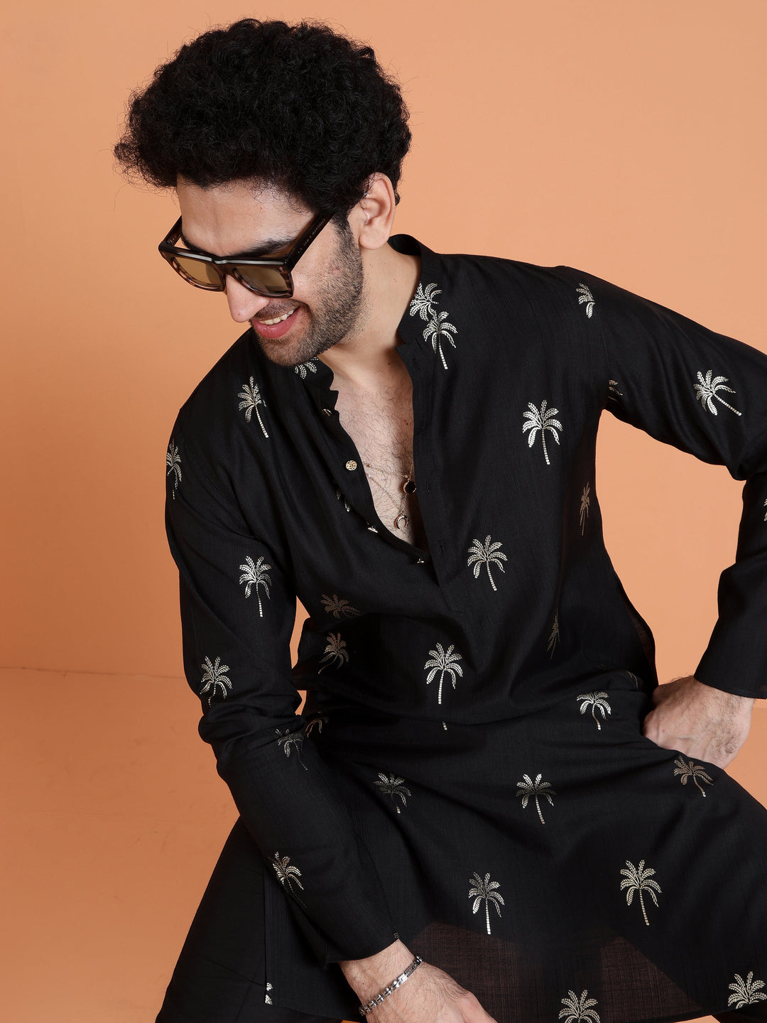 Black Cotton Silk Printed Kurta For Men | SHOBITAM