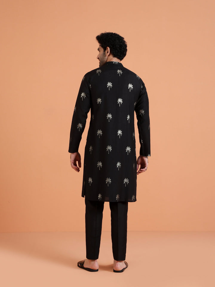 Black Cotton Silk Printed Kurta For Men | SHOBITAM