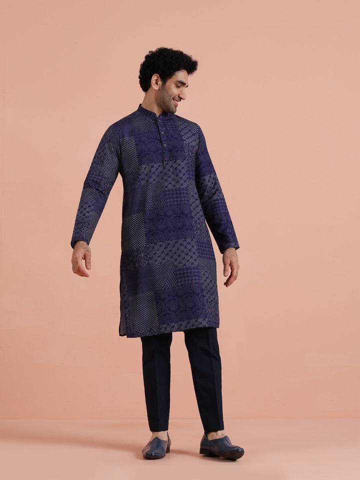 Navy Blue Art Silk Printed Long Kurta | SHOBITAM