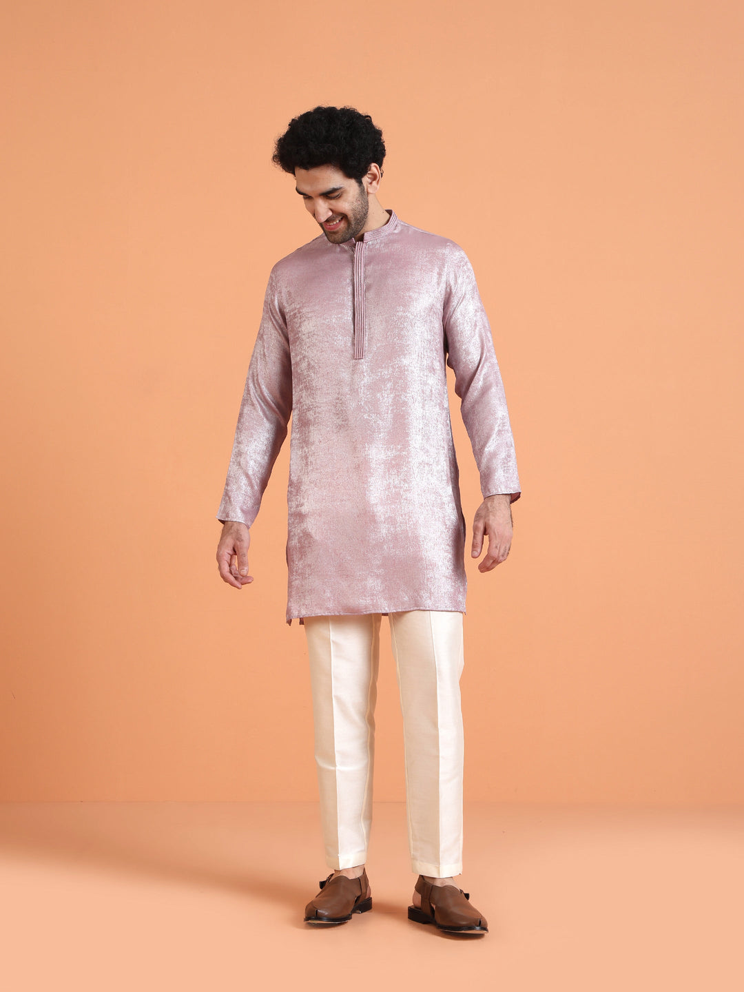 Pink Metallic Textured Cotton Silk Kurta For Men | SHOBITAM