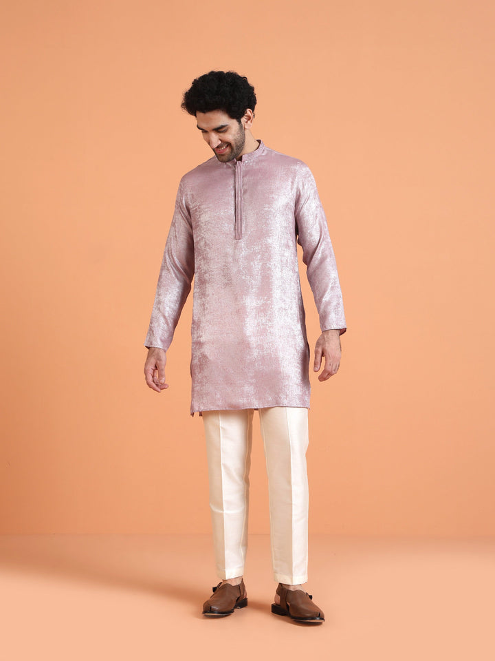 Pink Metallic Textured Cotton Silk Kurta For Men | SHOBITAM