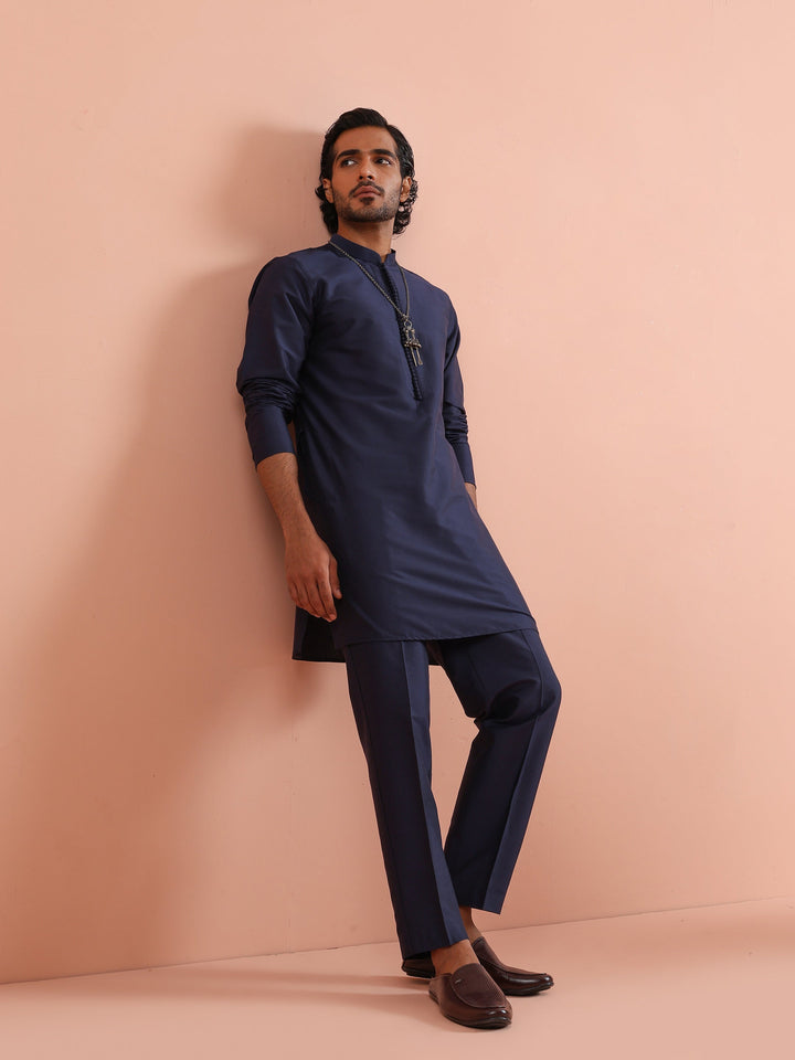 Solid Navy Mid Kurta For Men | SHOBITAM
