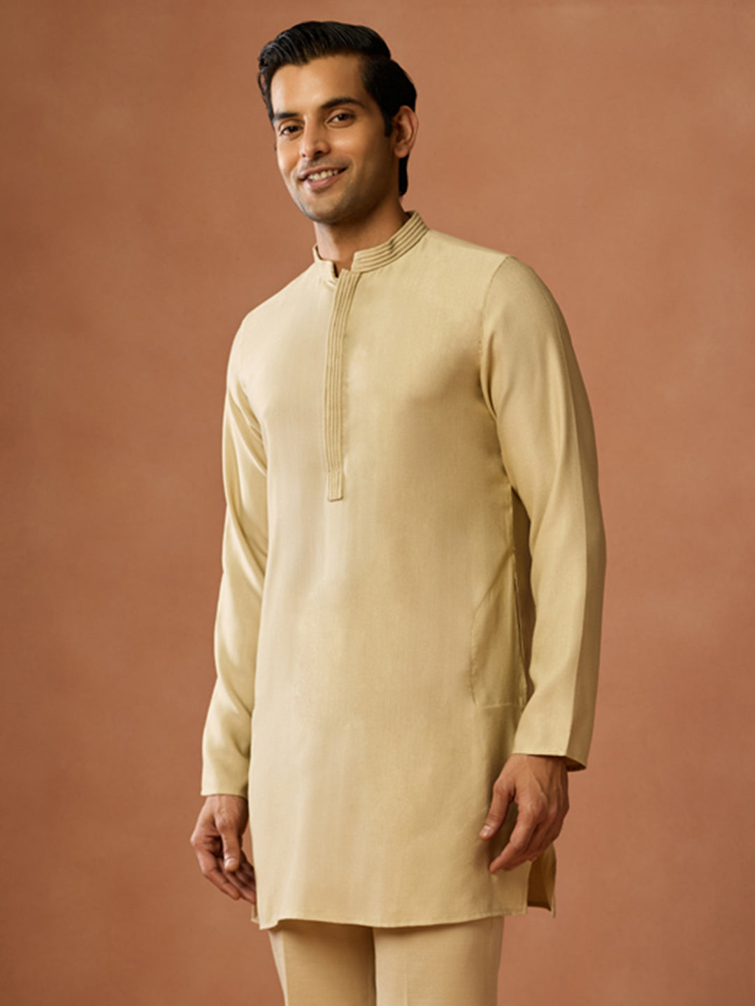 Cream Silk Blend Solid Mid Kurta | SHOBITAM