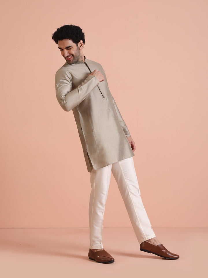 Grey Poly Silk Embellished Kurta Trouser Set | SHOBITAM