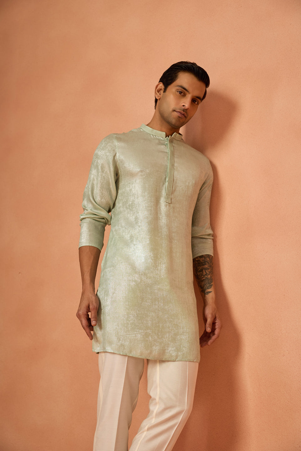 Mint Green Silk Blend Solid Mid Kurta For Men | SHOBITAM