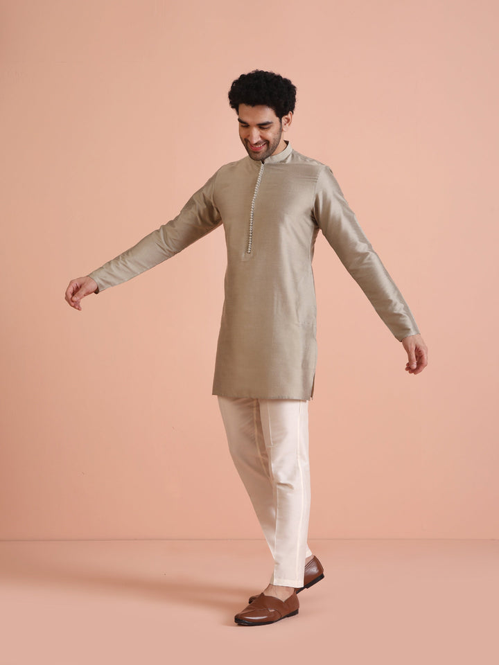 Grey Poly Silk Embellished Kurta Trouser Set | SHOBITAM