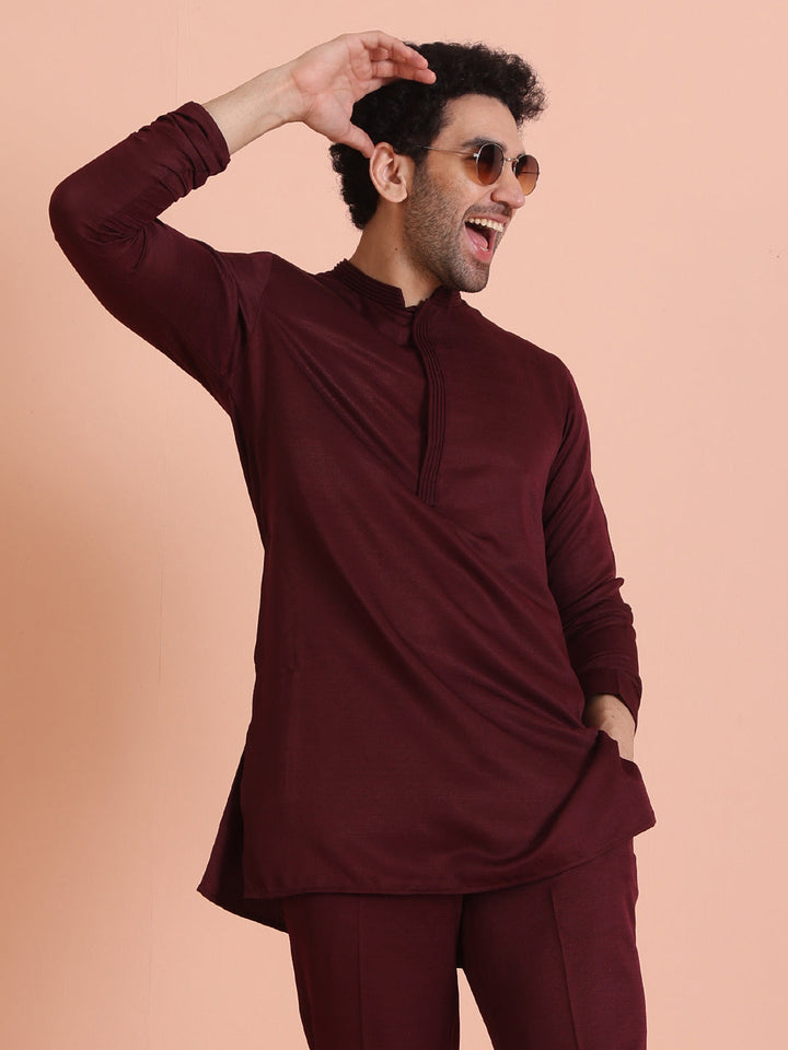 Wine Poly Silk Solid Mid Kurta For Men | SHOBITAM
